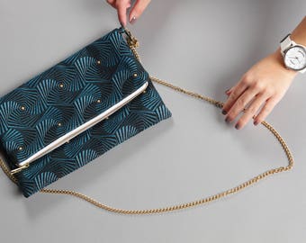 Sinetism blue folding bag, Golden chain handle, blue chic bag, blue handbag, shoulder bag, blue bag, Abstract bag, Ethnic bag, Geometric bag