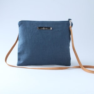 LINEN CROSSBODY BAG – Handmade Blue Linen Purse with Leather Strap – Small Everyday Bag