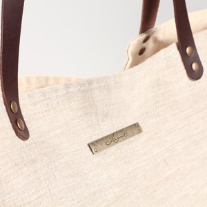 Eco Friendly Natural LINEN Tote BAG With LEATHER Strap Handle Large Natural Beige Inside Pocket Purse, classic tote bag, Lagut, handmade image 7