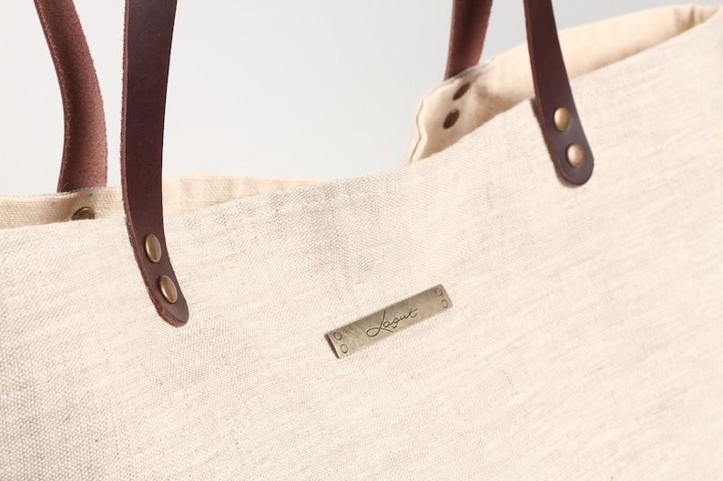 Eco Friendly Natural LINEN Tote BAG With LEATHER Strap Handle Large Natural Beige Inside Pocket Purse, classic tote bag, Lagut, handmade image 7