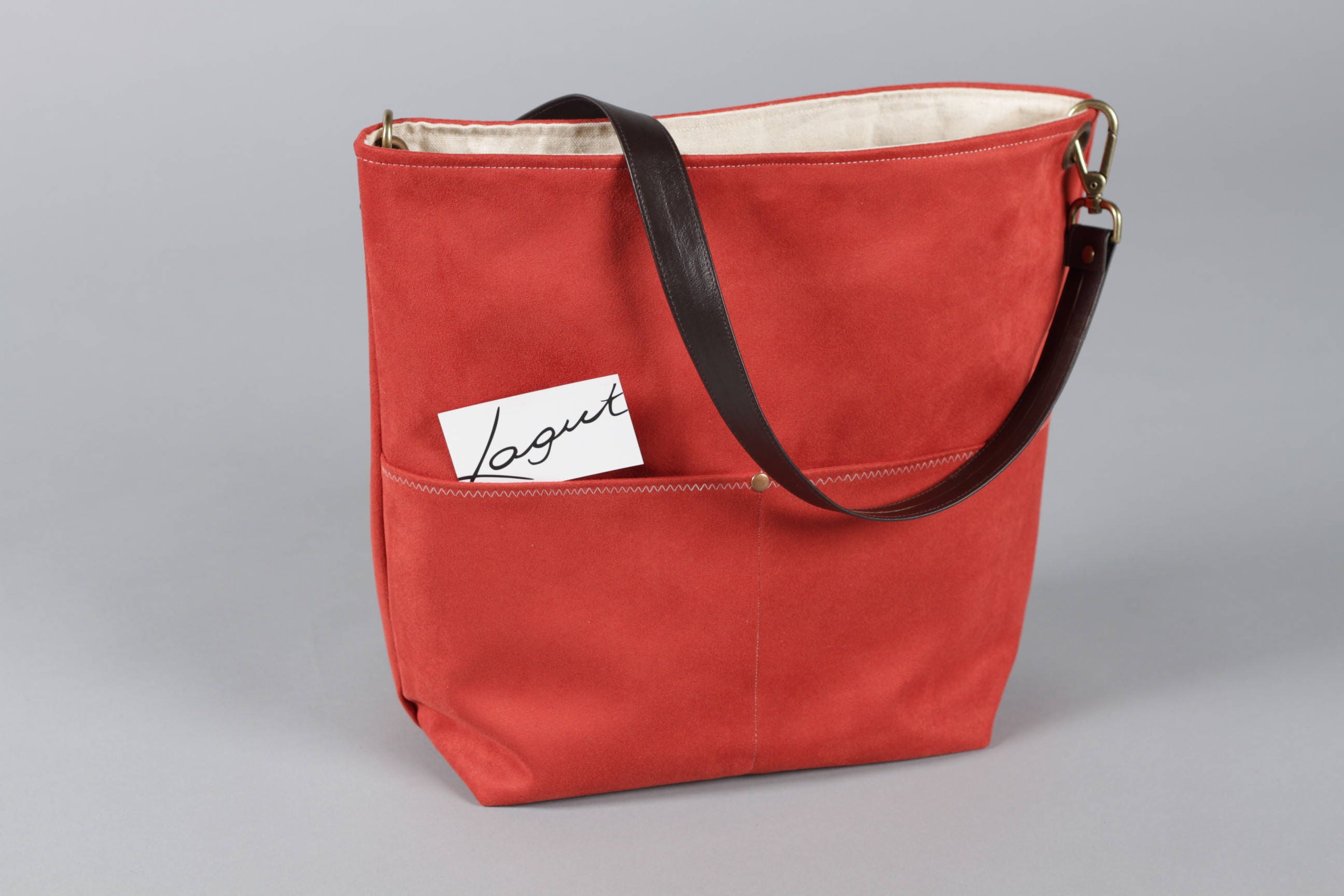 Red Vegan Suede Bucket Bag: Handmade Everyday Tote With  display picture 3
