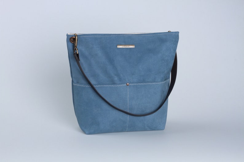 Blue Canvas Tote Bag, Bucket Bag, Blue Bag, shopping bag, Casual Tote Bag, Handbag, Leather strap, Blue bucket bag, Lagut, Weekend Bag, bags image 9