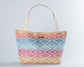 Borsa tote estiva da spiaggia colorata BOHO RAINBOW per donna - Borsa a tracolla colorata allegra con manico in tela beige - Borsa tote in tela - Lagut