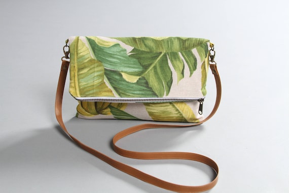 Tropical Folding bag leather handle banana leaves bag | Etsy