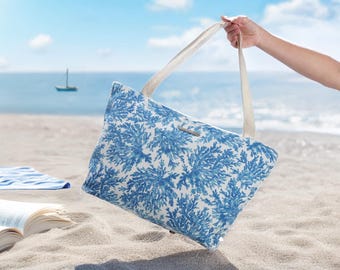 CORAL Print Tote – Canvas Beach Bag Handmade – Fluorescent Zip