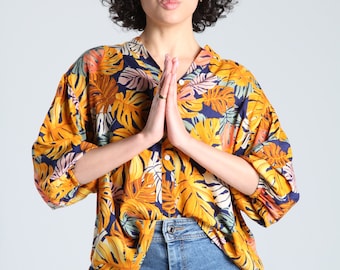 Boho Floral Shirt: Hawaiian Print Button-Up Blouse, Lightweight Handmade Top