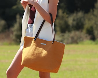 Yellow Linen Tote Bag: Handmade Large Eco Tote with Leather Handles