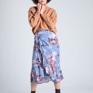 FLORAL MIDI SKIRT Blue Floral Wrap Midi Skirt Women Summer Beach Skirt Casual and High Waist Skirt Date Night Skirt Lagut image 9