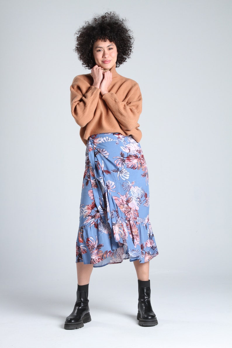 FLORAL MIDI SKIRT Blue Floral Wrap Midi Skirt Women Summer Beach Skirt Casual and High Waist Skirt Date Night Skirt Lagut image 9