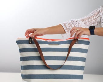 Striped Canvas Weekender Tote: Genuine Leather Handles  display picture 1