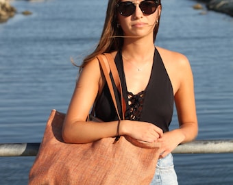 Handmade Orange Canvas Tote: Leather Handles, Lightweight Beach Bag