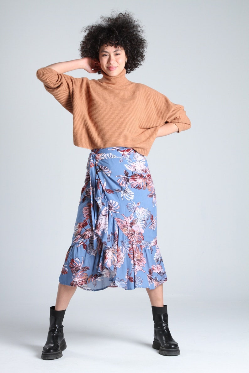 FLORAL MIDI SKIRT Blue Floral Wrap Midi Skirt Women Summer Beach Skirt Casual and High Waist Skirt Date Night Skirt Lagut image 1