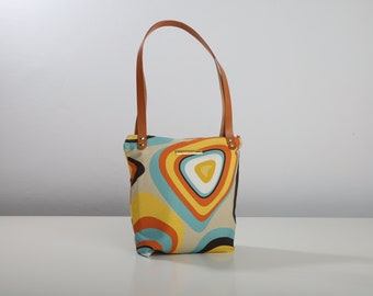 RETRO CHIC Handmade Bag with Vibrant Print, Leather Handles - Vintage Style Shoulder Bag, Boho Chic Summer Bag - Lagut