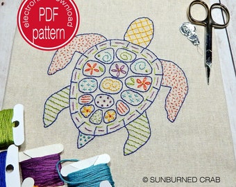 Hand Embroidery, Embroidery Pattern, Sea Turtle, How to Embroider, Hand Stitch Embroidery, PDF Download, Beach Decor, DIY Embroidery