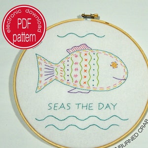 Embroidery Pattern, How to Embroider, Hand Embroidery, PDF Download, Seas The Day, Fish,  Beach Decor, DIY Embroidery