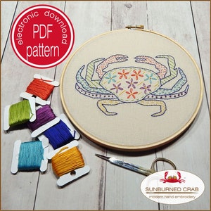 Hand Embroidery, Embroidery Pattern, How to Embroider, Hand Stitch Embroidery, PDF Download, Crab, Beach Decor, DIY Embroidery