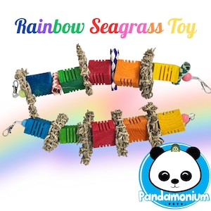 Puede incluir: Juguete de hierba marina arcoíris para animales pequeños. El juguete está hecho de bloques de madera coloridos, hierba marina y cuerda. Es un juguete divertido y estimulante para que los animales pequeños mastiquen y jueguen.