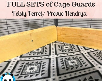 May include: A close-up of a corner of a cage with wooden cage guards and a patterned fleece liner. The text "FULL SETS of Cage Guards Feisty Ferret/Prevue Hendryx" is at the top of the image. The text "Keep the mess in! (Poop Guards/scatter guards)" is at the bottom of the image.