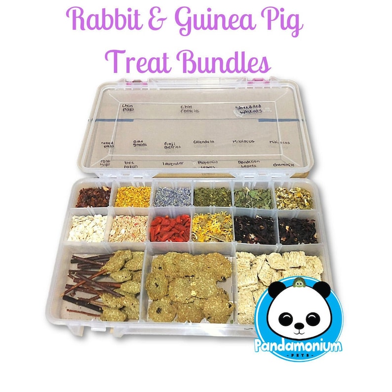 May include: A clear plastic storage container filled with various dried herbs, snacks, and treats for rabbits and guinea pigs. The container is labeled with the names of the different items, such as "Chin Pop", "Chin Cookies", "Wheats", "Oat Smalls", "Goji Berries", "Calendula", "Millet Seeds", "Rose Petals", "Lavender", "Peppermint Leaves", "Dandelion Leafs", and "Chamomile". The container also includes a panda logo with the text "Pandamonium Pets".