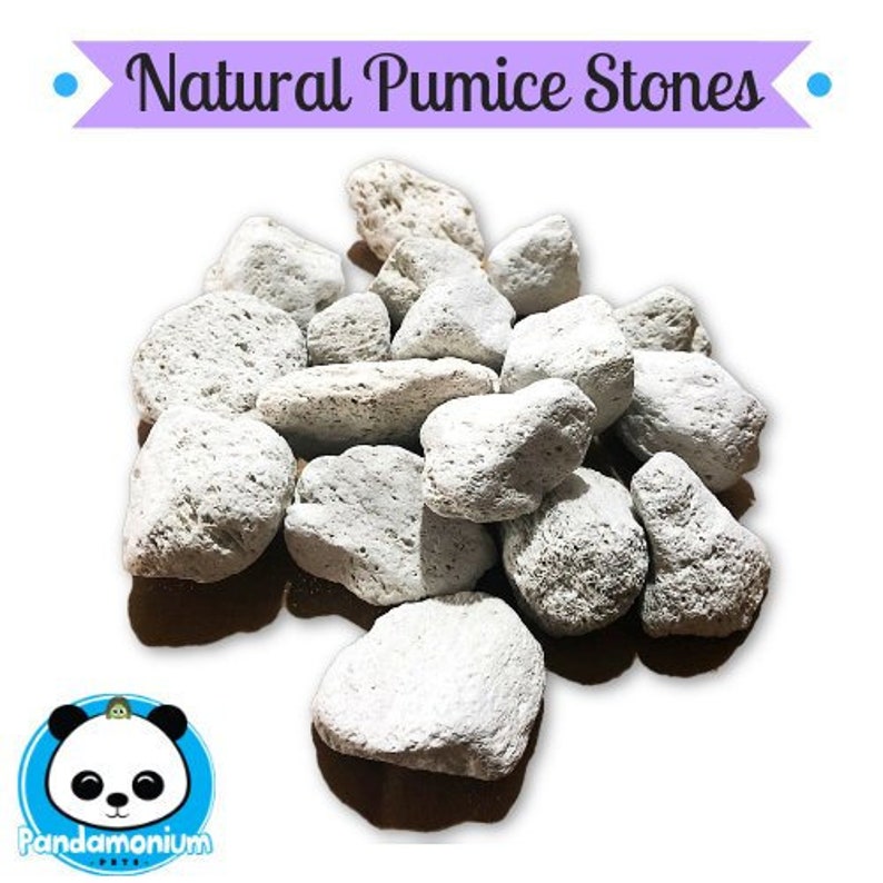 May include: A pile of white pumice stones, a natural abrasive, for various uses. The stones are irregular in shape and size, with a rough, porous texture. The image includes the text "Natural Pumice Stones".