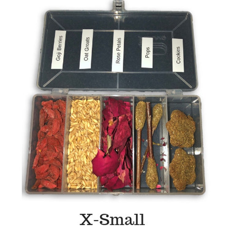 May include: A clear plastic container with six compartments, labeled "Goji Berries", "Oat Groats", "Rose Petals", "Pops", "Cookies". Each compartment contains a different type of food or ingredient, including red goji berries, oat groats, red rose petals, sticks, and green cookies.