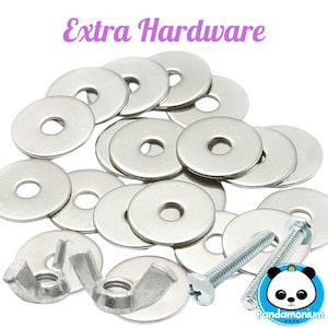 May include: A close-up of a pile of silver-colored metal washers, two wing nuts, and two screws. The text "Extra Hardware" is written in purple at the top of the image.