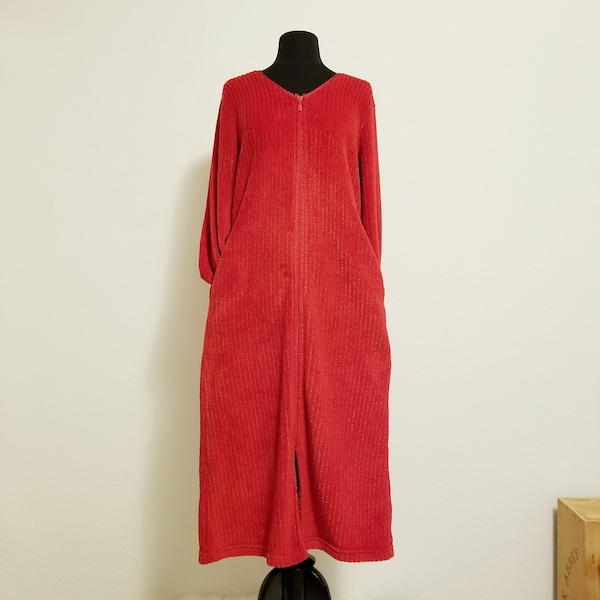Vintage 80s Jaclyn Intimates Ankle Length Long Sleeve Cozy Plush Ribbed Red Robe w Side Pockets Size M, Gifts for Her Warm Winter House Robe