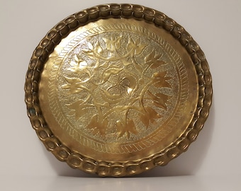 Large Hand Forged and Etched Antique Brass Tray / Wall Plate