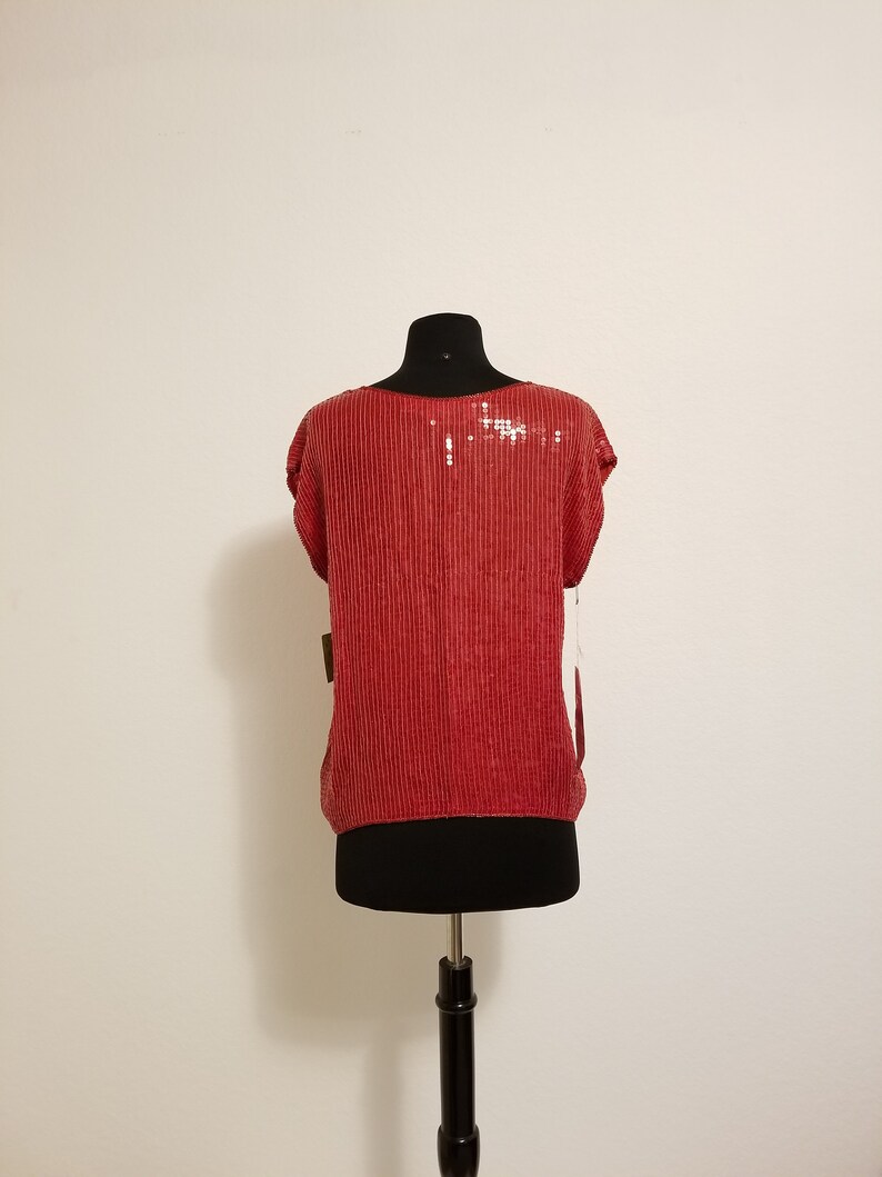 Size M Retro Disco Glam High Fashion Holiday Formal Vintage Retro Red Sequin Beaded Designer Silk Blouse by Rina Z New York Montreal Paris