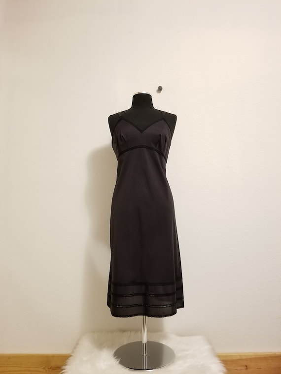 Vintage Black Nylon and Lace Trim Mid-Calf Dress S
