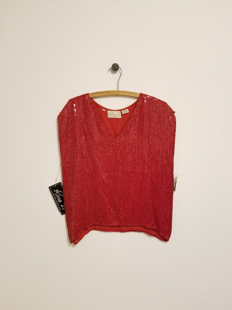 Size M Retro Disco Glam High Fashion Holiday Formal Vintage Retro Red Sequin Beaded Designer Silk Blouse by Rina Z New York Montreal Paris