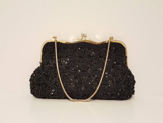 Vintage Black Mademoiselle Hand Beaded and Sequin… - image 1
