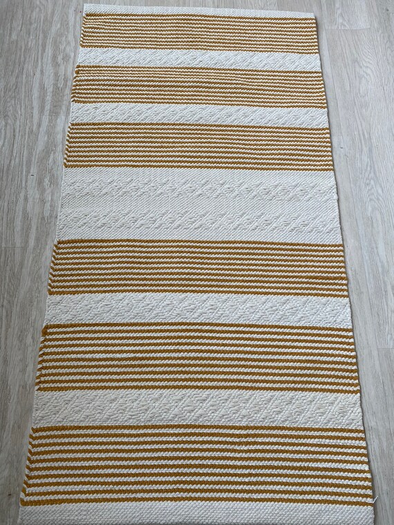 Ivory and yellow floor runner Scandinavian rug. Kitchen cotton runner rug. Handwoven nursery,Bedside rug.Washable handmade rug. Floor rug.