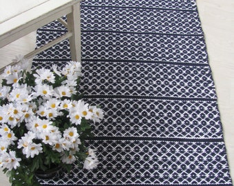 Blue and White Floor Runner Rug, Scandinavian  Cotton Rug, Handmade rug. Kitchen or hall runner rug. Washable rug.