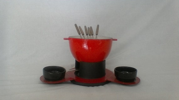 Rare Service à Fondue Nomar/staub Fonte Émaillée - Décor