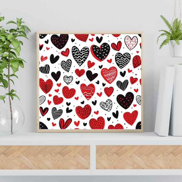 Heartfelt Whimsy: Playful Red and Black Hearts Digital Print