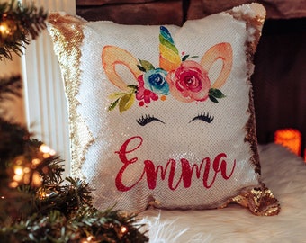 Cadeau d'anniversaire pour fille - coussin à sequins - coussin à sequins licorne - coussin à sequins personnalisé - coussin licorne - coussin à sequins personnalisé