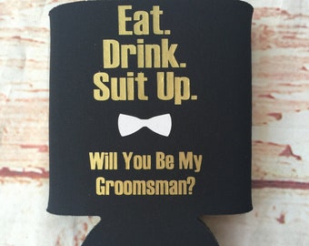 Groomsmen Proposal Gift - Groomsman Can Coolers  - Bachelor Party Favors - Bachelor Party Gifts - Groomsman Gifts - Suit Up