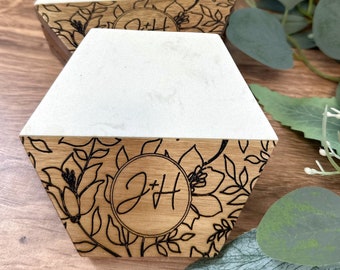 Posavasos personalizados de madera de acacia y mármol - Regalo de boda personalizado