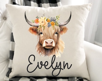 Personalized Highland Cow Pillow: Floral Crown Nursery Decor