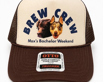 Aangepaste truckerpet vrijgezellenfeest | Gepersonaliseerde Brew Crew-hoed met foto | Hoed met ronde hals voor bruidegom | Grappige vrijgezellenweekendhoed | Gepersonaliseerde feestmuts