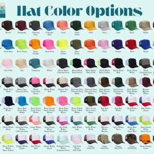Puede incluir: Una cuadr&iacute;cula de gorras de camionero en varios colores, incluyendo negro, marr&oacute;n y tonos ne&oacute;n. El texto "Hat Color Options" se muestra en la parte superior, con el logotipo de la marca "LUCK TEN" en la esquina superior izquierda.