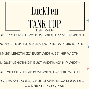 May include: A LuckTen tank top sizing guide chart on a cream background with colorful confetti triangles. It lists measurements in inches for sizes XS through XXL, including length, bust width, and hip width, ending with the website shopluckten.com.