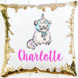 Personalized Pug Unicorn Sequin Pillow - Sequin Unicorn Mermaid Pillow - Gift for Girl - Sequin Pillow - Unicorn Pillow - Pug Gift
