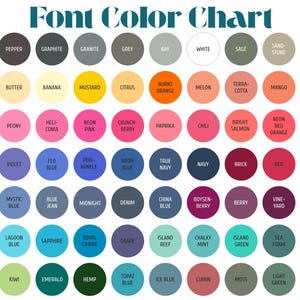 Puede incluir: Tabla de colores de fuente con una variedad de muestras de color, cada una etiquetada con un nombre de color. Los colores van del negro al verde claro, incluyendo tonos de azul, rosa y naranja. El texto "Font Color Chart" est&aacute; en la parte superior.