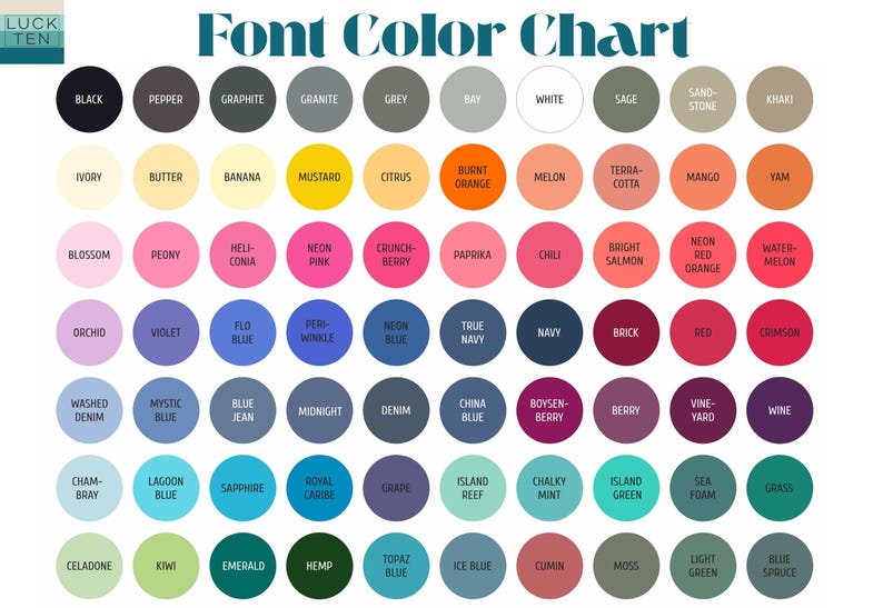 Puede incluir: Tabla de colores de fuente con una variedad de muestras de color, cada una etiquetada con un nombre de color. Los colores van del negro al verde claro, incluyendo tonos de azul, rosa y naranja. El texto "Font Color Chart" est&aacute; en la parte superior.