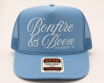 Custom Bonfire and Booze Trucker Hats - Custom Trucker Hats - Birthday Hats - Custom Logo Hats - Bonfire Hats
