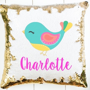 Personalized Bird Sequin Pillow - Sequin Bird Mermaid Pillow - Gift for Girl - Sequin Pillow - Unicorn Pillow - Birthday Gift for Girls