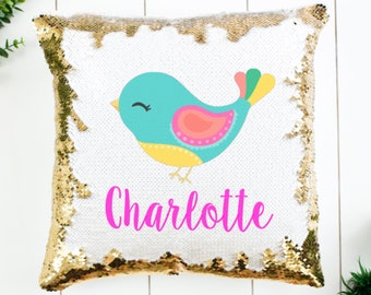 Personalized Bird Sequin Pillow - Sequin Bird Mermaid Pillow - Gift for Girl - Sequin Pillow - Unicorn Pillow - Birthday Gift for Girls