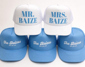 Custom bruiloft trucker petten - aangepaste tekst baseball petten - gepersonaliseerde trucker pet - gepersonaliseerde naam hoeden - bruiloft Fabors